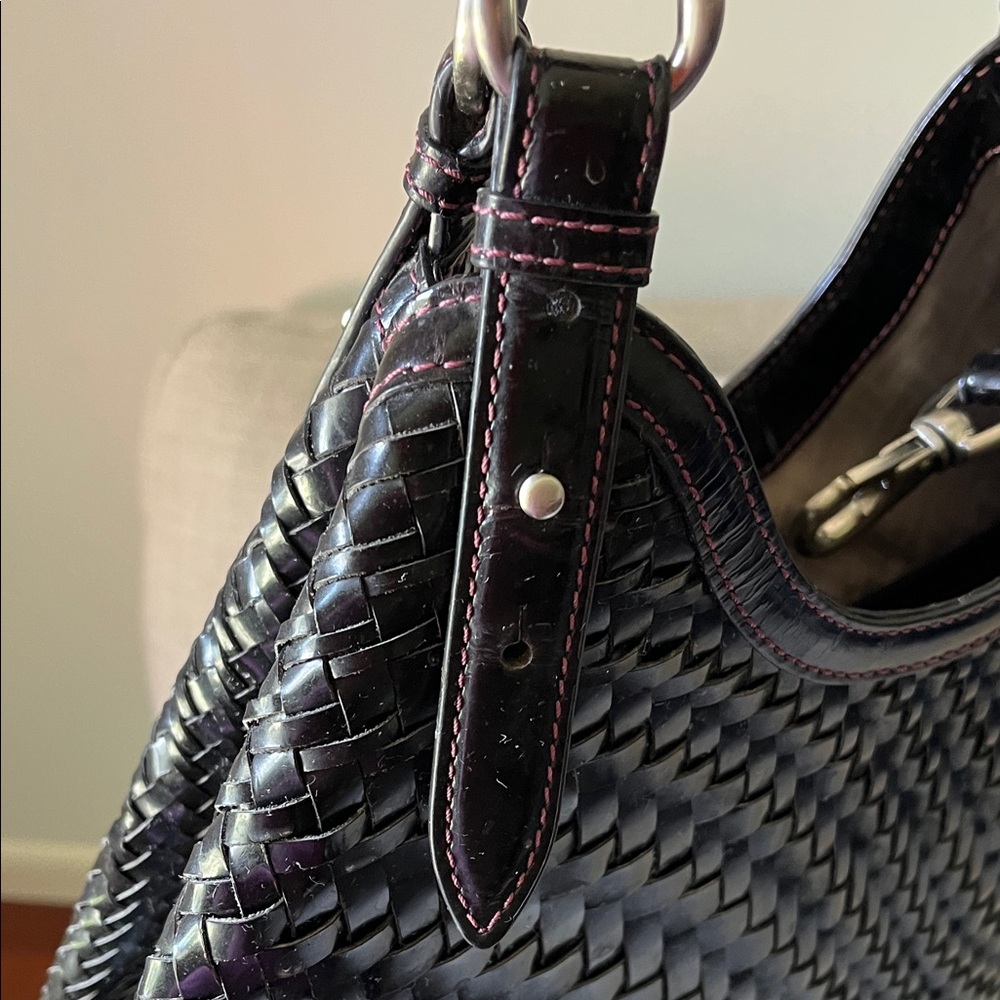 Cole Haan Genevieve Patent Black Woven Shoulder Bag with Plum Stitching - Picture 12 of 12